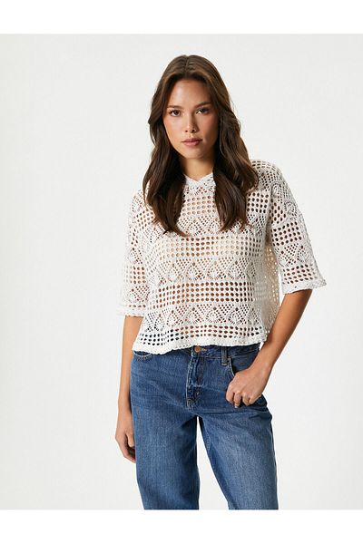 Koton Crochet Crop Sweatshirt - Hooded, Short Sleeve, Openwork