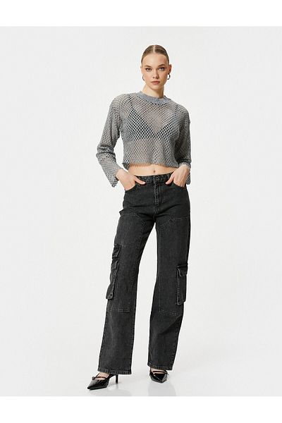 Koton Tricou Crop Croșetat Mânecă lungă Metallic Lurex Crew Deck Ajurat