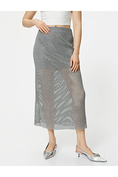 Koton Ajurlu Kroşe Midi Etek Metalik Simli Normal Bel