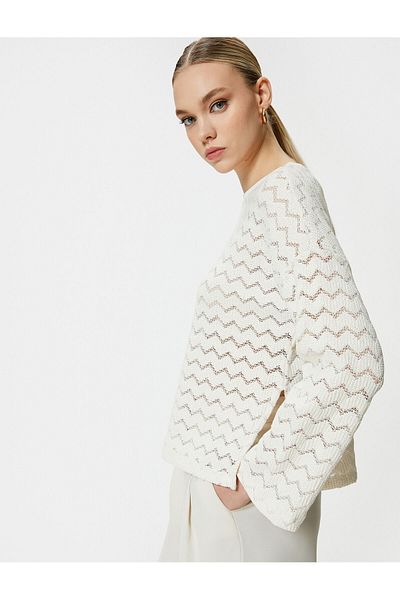 Koton Openwork Crop Sweatshirt Crew Neck Long Sleeve Standard Cut