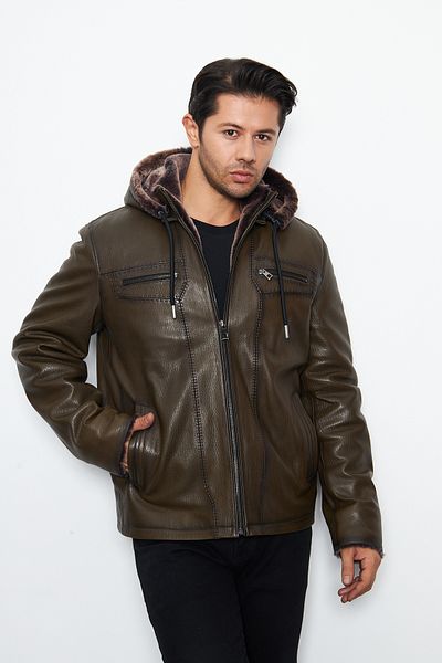 By Marki Marki Men's Brown Genuine Leather Coat - Furry Hood and Fur Inside Zipper