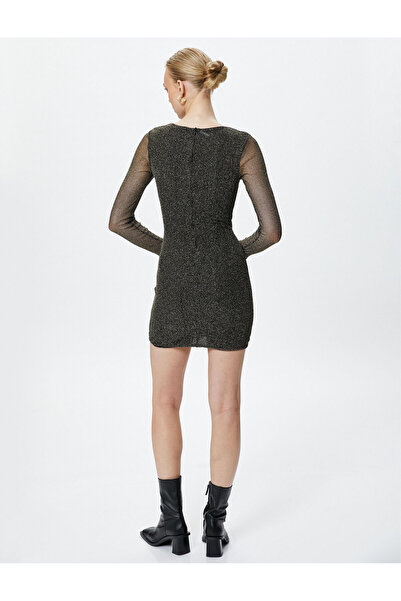 Koton Simli Mini Elbise Tül Detaylı Bisiklet Yaka Drapeli