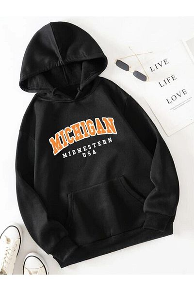 Moda Glo Blackjackgiyim Hanorac negru cu glugă cu imprimeu Michigan
