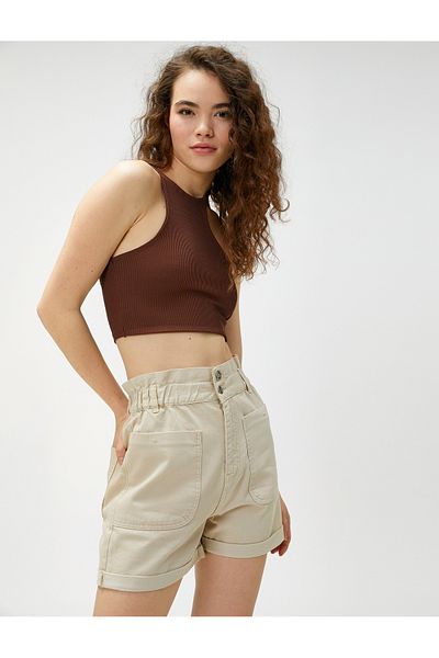 Koton Denim Shorts High Waist Pocket Detailed Buttoned Cotton