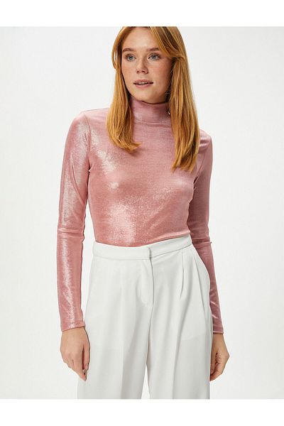 Koton Long Sleeve T-Shirt Stand Collar Metallic