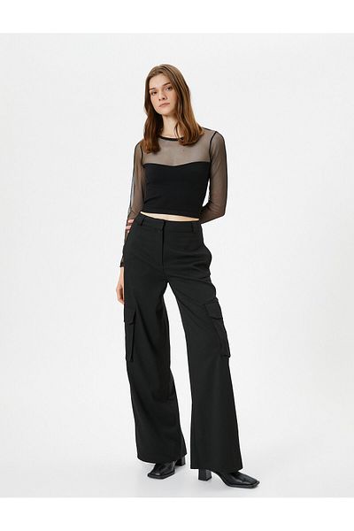 Koton Tricou Crop mânecă lungă Tulle Transparent Detaliat