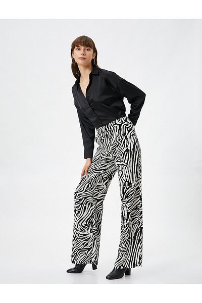 Koton Wide Leg Trousers Zebra Patterned High Waist Zippered Viscose Blend