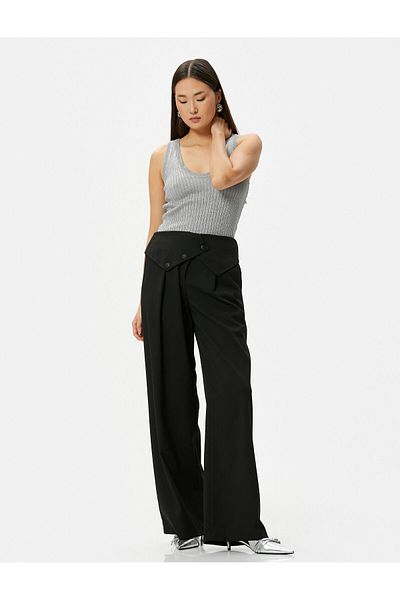 Koton Wide Leg Trousers with Pocket Waist Asymmetrical Button Detail