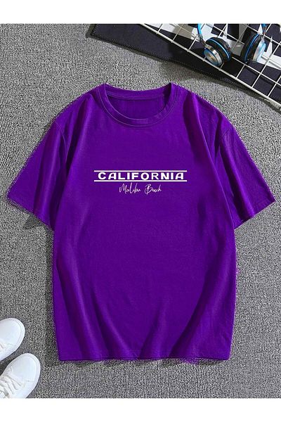 Moda Glo Унисекс тениска California Malibu Beach Oversize с щампа в лилаво