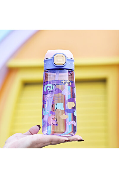 Livava Patterned Water Bottle with Straw and Strap, Purple, 20X7-