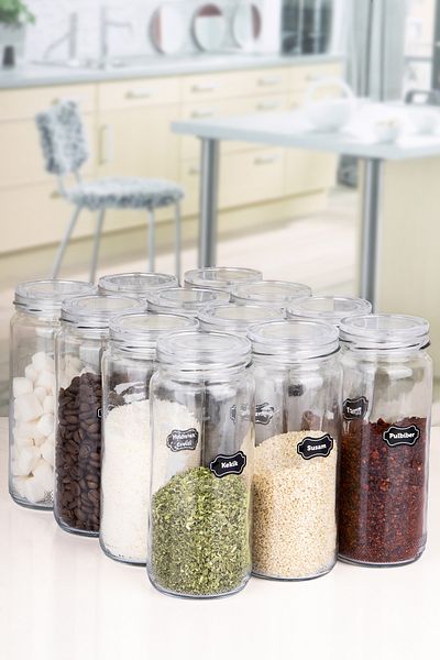 Lizzy 500 ml Jumbo Pipe Glass Jar - 12 Pieces with Crystal Vacuum Lid, 85 Tags as a Gift