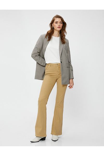 Koton Gabardine Fabric Spanish Leg Trousers - Cotton with Slim Fit and Pocket Detail