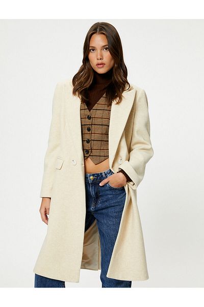 Koton Long Cuff Coat Buttoned Double Breasted Pocket Detailed