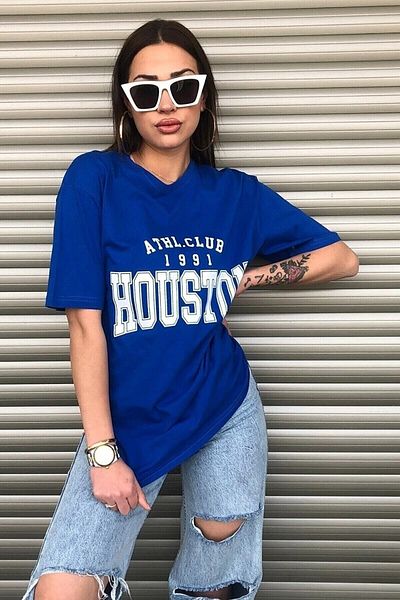 Moda Glo Tricou negru oversize pentru femei cu imprimeu Houston