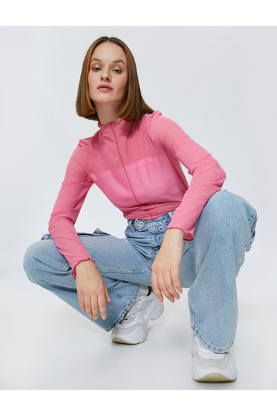 Koton Transparan Tişört Dik Yaka Uzun Kollu