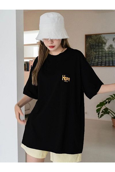 Moda Glo Tricou negru cu imprimeu Hope oversize pentru damă