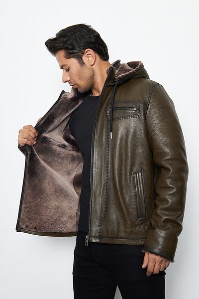 By Marki Marki Men's Brown Genuine Leather Coat - Furry Hood and Fur Inside Zipper