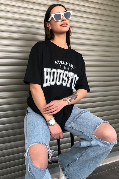 Moda Glo Μαύρο γυναικείο μπλουζάκι Houston Printed Oversize