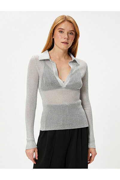 Koton Langärmliger Pullover mit durchbrochenem Glitzer-Polokragen