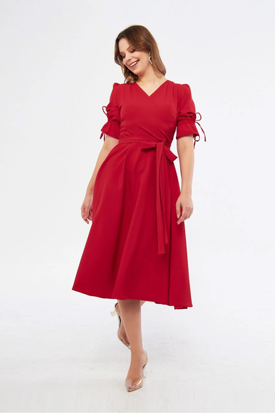 RURIS Kadın Kırmızı Kısa Kollu Kruvaze Yaka Kuşaklı Midi Boy Abiye Mezuniyet Elbisesi