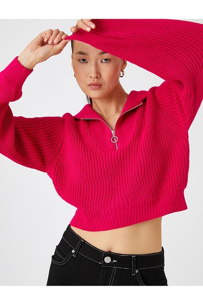 Koton Crop-Strickpullover mit halbem Reißverschluss und langen Ärmeln aus Kaschmir mit Struktur