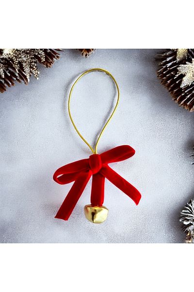 Partifabrik New Year's Red Bow Velvet Christmas Luxury Tree Ornament with Bell 5 Pieces