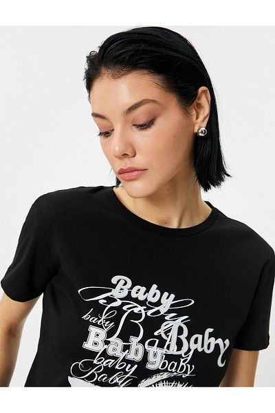 Koton Σλόγκαν εμπριμέ T-Shirt με λαιμόκοψη κοντό μανίκι