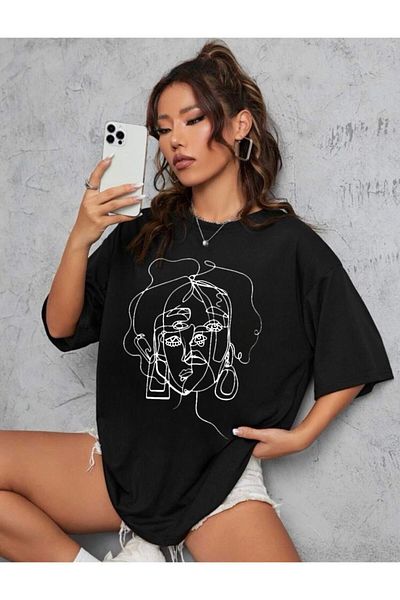 Moda Glo Tricou oversize cu imprimeu negru pentru femei