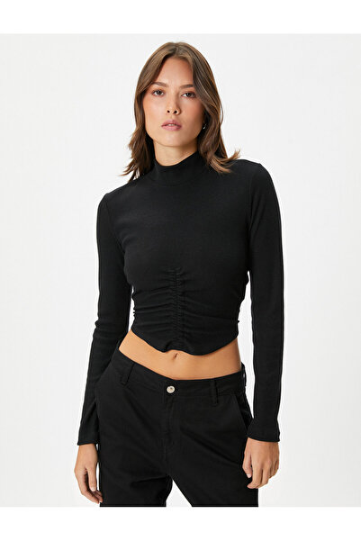 Koton Tričko Slim Fit Crop s dlouhým rukávem - poloviční rolák, stahovací šňůrka