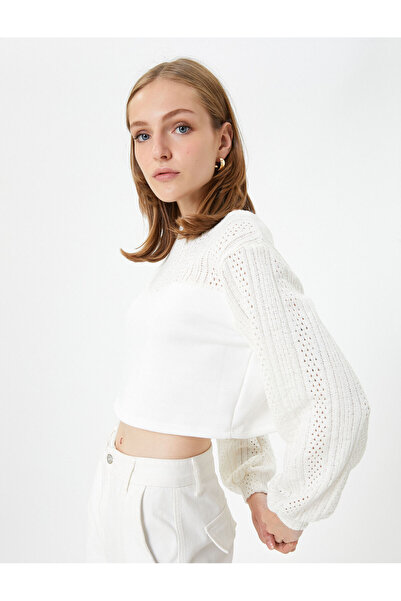 Koton Crop-Pullover mit durchbrochenen Ballonärmeln und Rundhalsausschnitt