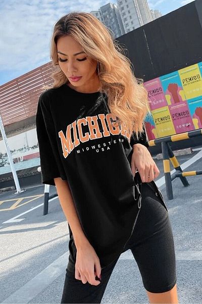 Moda Glo Γυναικείο μπλουζάκι σε μαύρο Oversize Michigan printed