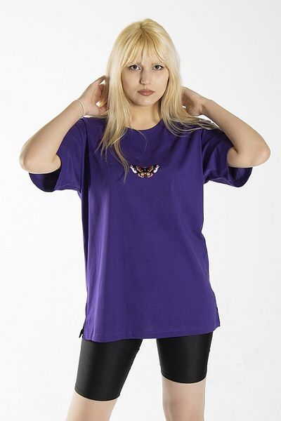 Moda Glo Women's Purple Butterfly Printed Crew Neck Oversize Cotton T-shirt