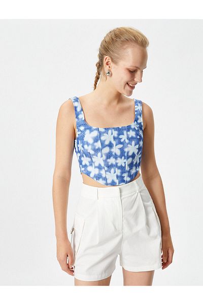 Koton Corset Bustier Crop Strap Floral Gât pătrat
