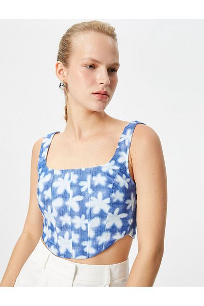 Koton Corset Bustier Crop Strap Floral Gât pătrat