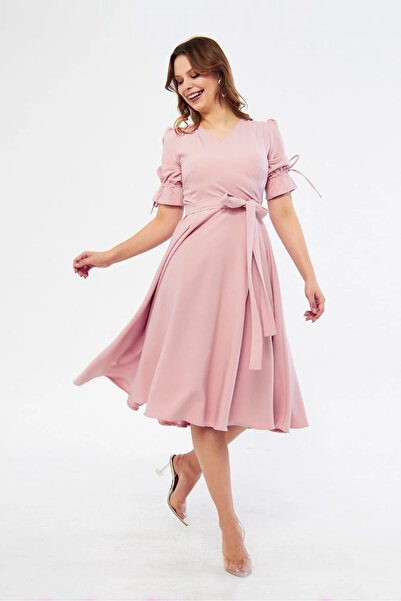 RURIS Kadın Pudra Kısa Kollu Kruvaze Yaka Kuşaklı Midi Boy Abiye Mezuniyet El...