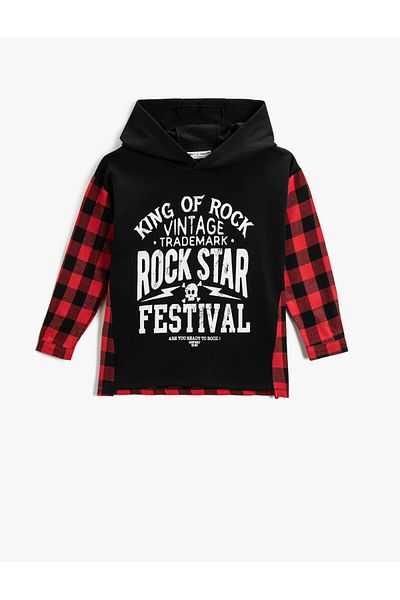 Koton Hooded Sweatshirt with Cuffs and Printed Plaid Detail