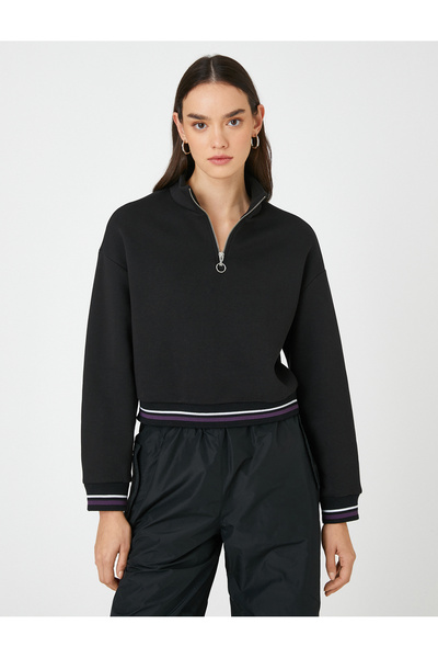 Koton Crop φούτερ με μισό φερμουάρ ψηλό γιακά με λωρίδα με λεπτομέρειες