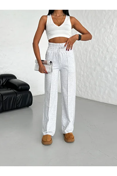 veres Women's Gray Wide Belt High Waist Striped 2 Thread Wide Leg Sweatpants