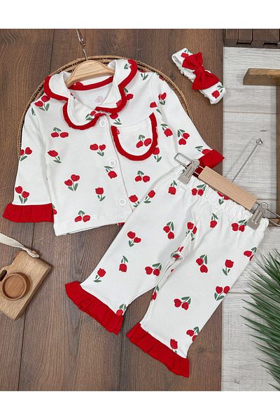 Baby Waka Tulip Patterned Frilly Baby Girl Pajama Set - 100% Cotton, Front Buttoned