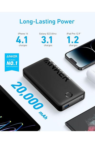 Anker 325 Portable 15W Power Bank with 2 Ports, 20K mAh, Black