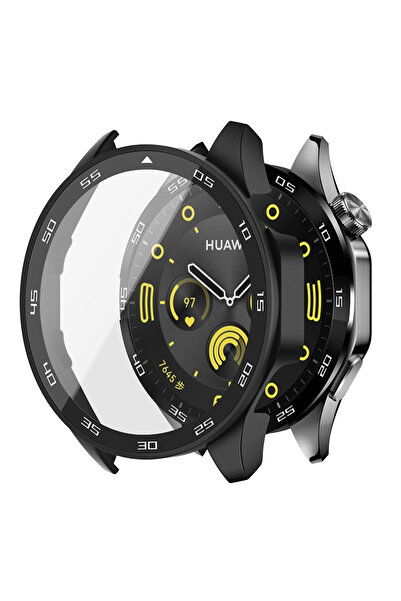 Choice واقي شاشة زجاجي مقوى أسود مقاس 46 مم مع غطاء حماية لساعة Watch GT4 مقا...