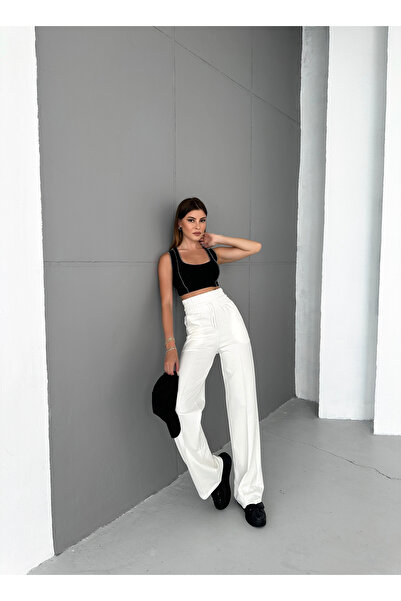 veres Pantaloni de sport alb cu centură lată, cu dungi cu 2 fire, cu talie înaltă