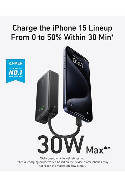 Anker Nano Power Bank with Built-in USB-C Cable, 10000mAh, 30W, Black
