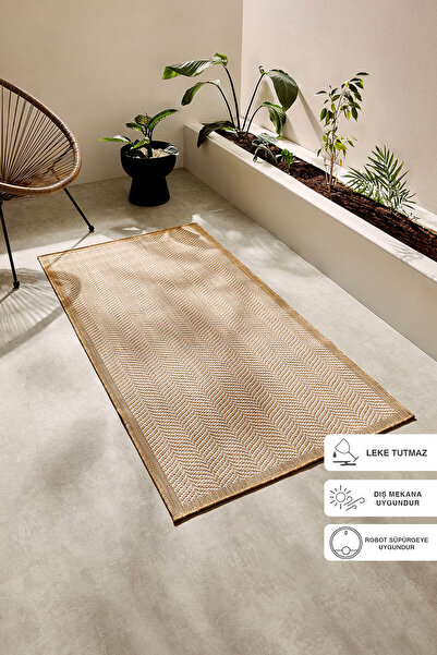 Ocean Home Textile Leke Tutmaz İç Dış Mekan Bej Renk Balıksırtı Halı Kilim