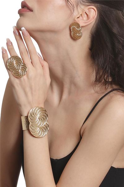 LABALABA Women's Lacquer Gold Color Plated Spiral Printed Design Earring & Ring & Bracelet Set