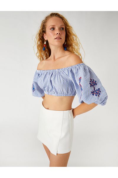 Koton Schulterfreie Crop-Bluse mit Stickerei
