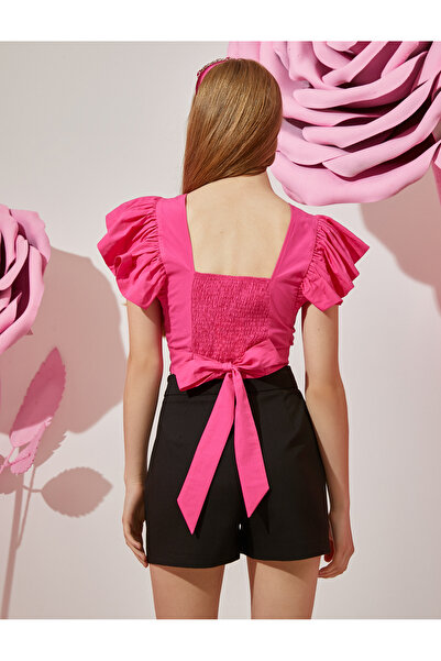 Koton Draped Flounced Bow Detailed Crop Poplin Blouse