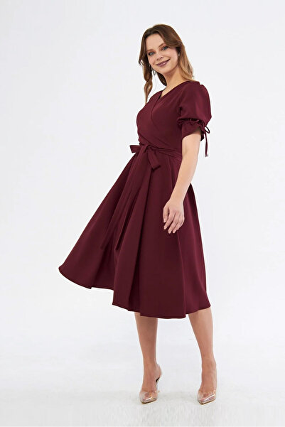 RURIS Kadın Bordo Kısa Kollu Kruvaze Yaka Kuşaklı Midi Boy Abiye Mezuniyet El...
