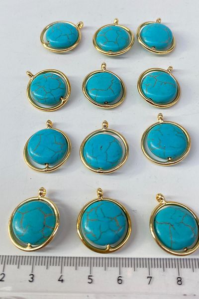 Hayalperest boncuk Blue Turquoise Oval Natural Stone Gold Detailed Necklace