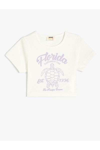 Koton Crop T-Shirt Printed Short Sleeve Crew Neck Ribbed